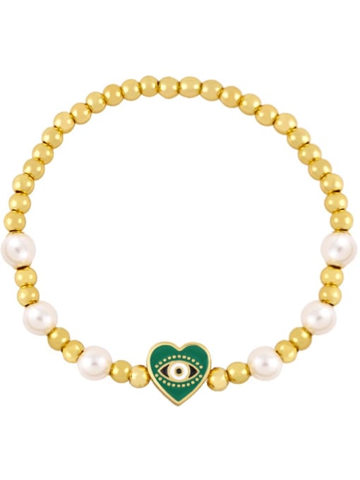 Grass green Brass Imitation Pearl Enamel Evil Eye Vintage Beaded Bracelet
