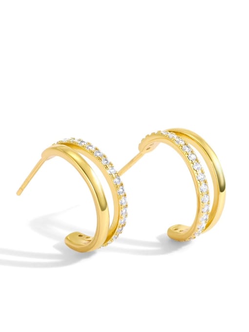 Gold Brass Cubic Zirconia  Minimalist Double Layer C-Shaped  Stud Earring