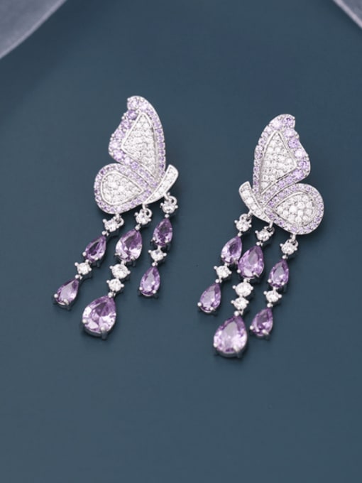 Platinum+ Purple Brass Cubic Zirconia Butterfly Ethnic Drop Earring