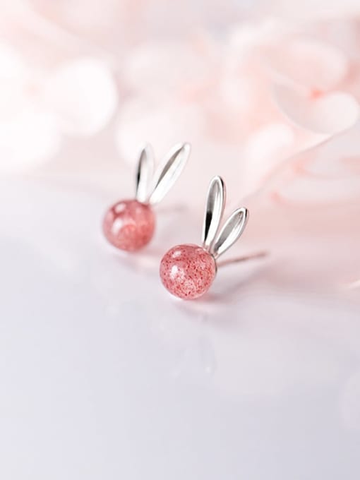 Rosh 925 Sterling Silver  Cute Strawberry Crystal Moonstone rabbit  Stud Earring 0
