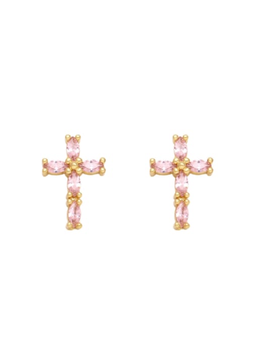 Pink Brass Cubic Zirconia Cross Minimalist Stud Earring