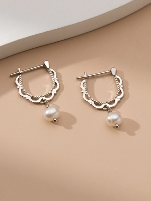 Rosh 925 Sterling Silver Imitation Pearl Geometric Minimalist Huggie Earring 0