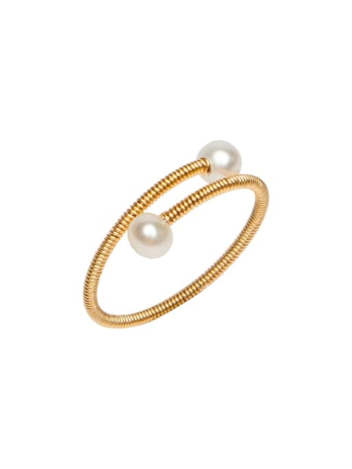 golden Brass Freshwater Pearl Geometric Minimalist Stackable Ring