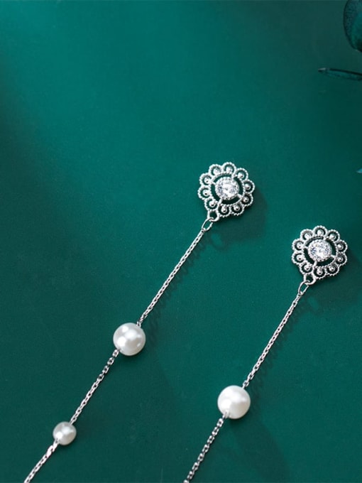 Rosh 925 Sterling Silver Imitation Pearl White Flower Vintage Threader Earring 1