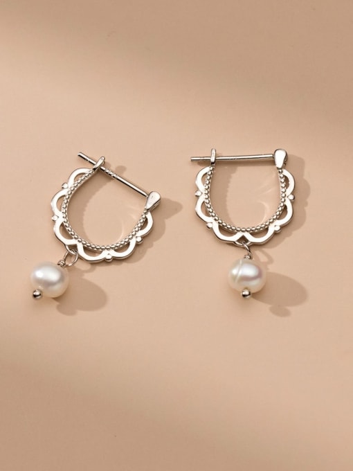 Rosh 925 Sterling Silver Imitation Pearl Geometric Minimalist Huggie Earring 1