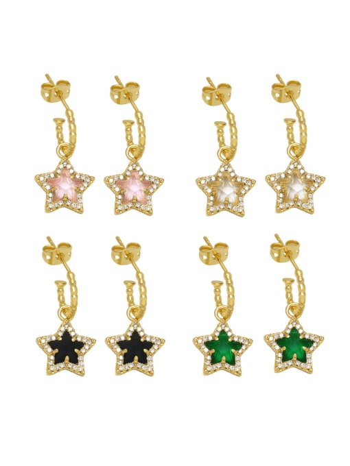 CC Brass Glass Stone Five-Pointed Star Vintage Hook Earring 0