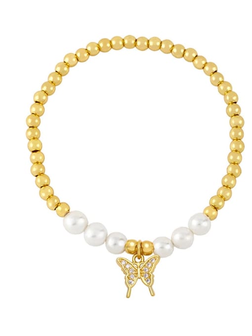 E Brass Imitation Pearl Butterfly Vintage Beaded Bracelet