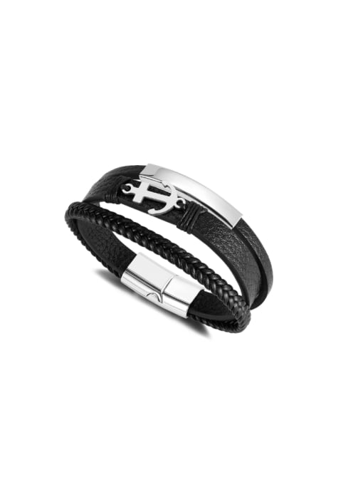 PH1578 Leather Bracelet Titanium Steel Artificial Leather Weave Hip Hop Strand Bracelet
