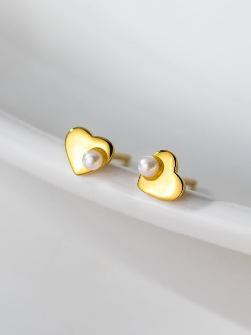 Rosh 925 Sterling Silver Imitation Pearl Heart Minimalist Stud Earring 0