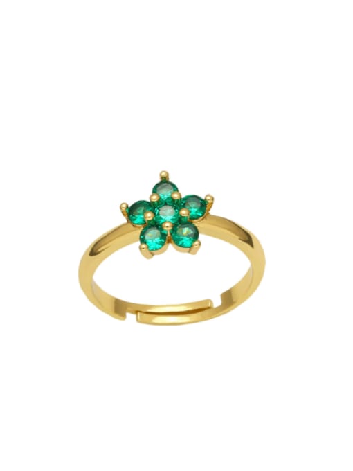 green Brass Cubic Zirconia Flower Minimalist Band Ring