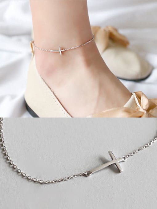 DAKA 925 Sterling Silver Minimalist  Smooth Cross Chain   Anklet 1