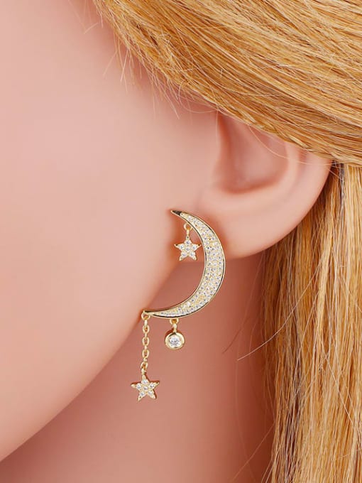 CC Brass Cubic Zirconia Asymmetry Star Moon Vintage Stud Earring 1
