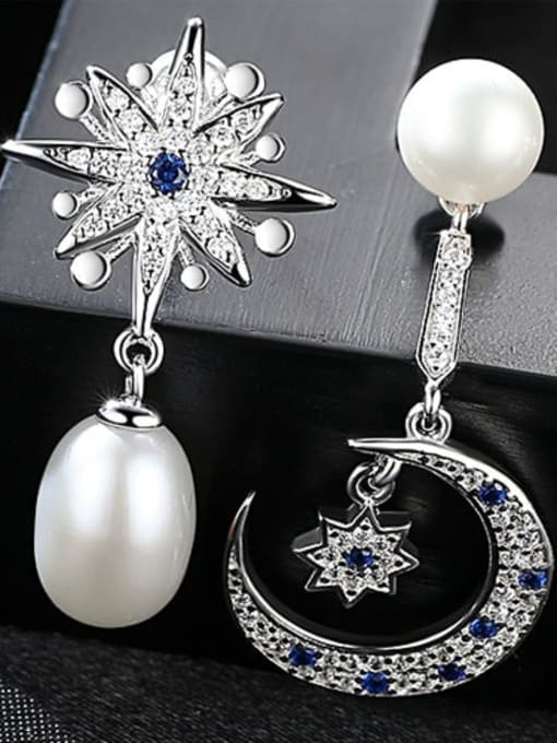 White 1F07 925 Sterling Silver Fashion Asymmetric Snowflake Moon Freshwater Pearl Drop Earring