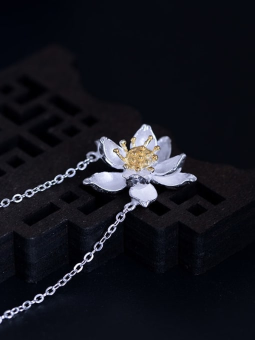 SILVER MI 925 Sterling Silver Imitation Pearl  Vintage Lotus Pendant Necklace 1