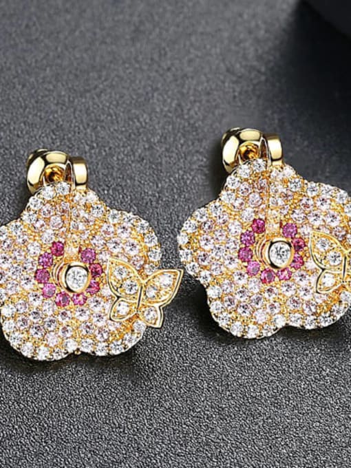 Red powder  plated champagne gold Copper Cubic Zirconia Flower Luxury Stud Earring