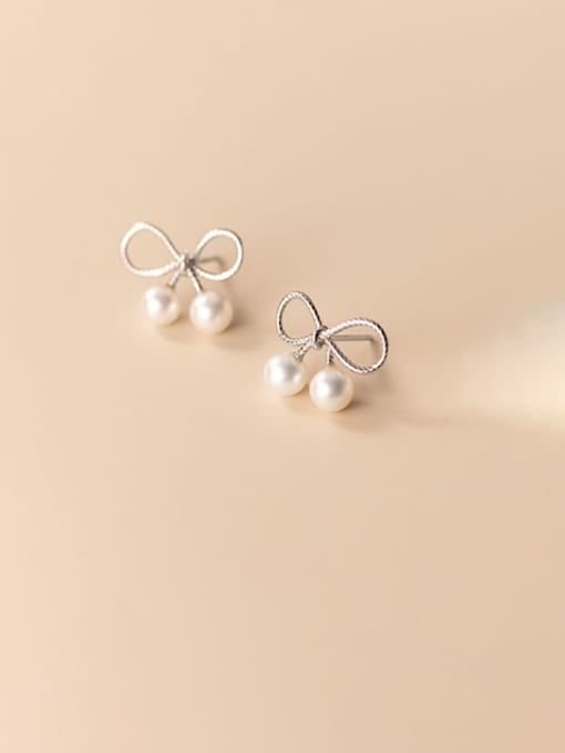 Rosh 925 Sterling Silver Imitation Pearl Bowknot Cute Stud Earring 3