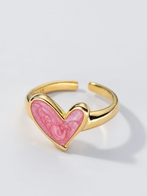 S925 Silver Ring Pink Gel (Gold) 925 Sterling Silver Enamel Heart Minimalist Band Ring