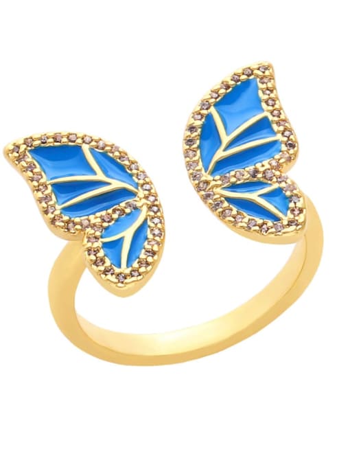Q (blue) Brass Enamel Cubic Zirconia Butterfly Hip Hop Band Ring