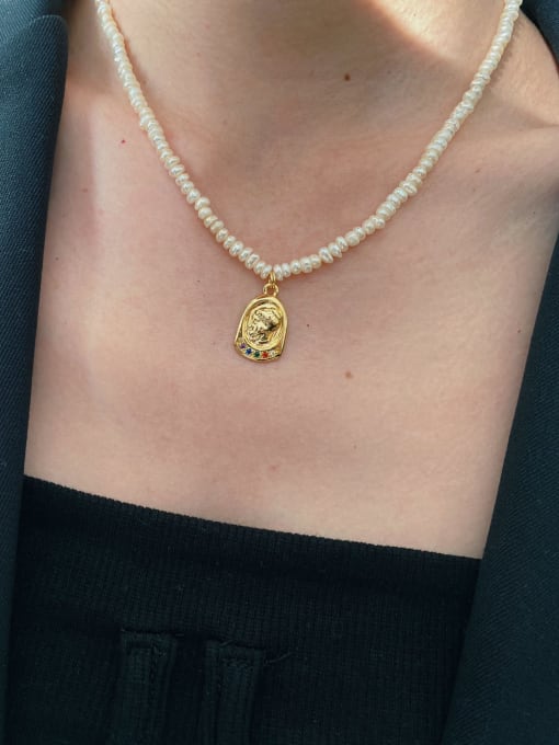 Freshwater pearl: Zircon portrait Titanium Steel Imitation Pearl Geometric Vintage Necklace