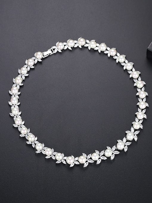 BLING SU Brass Imitation Pearl Flower Luxury Necklace