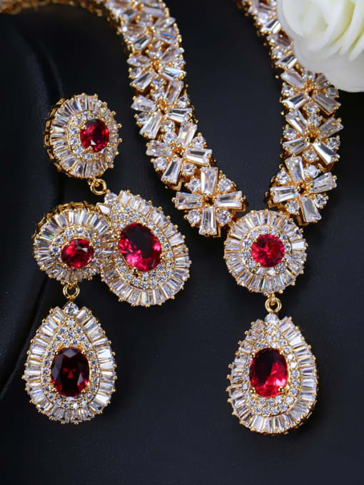 Champagne red zirconium Brass Cubic Zirconia Luxury Geometric Earring and Necklace Set