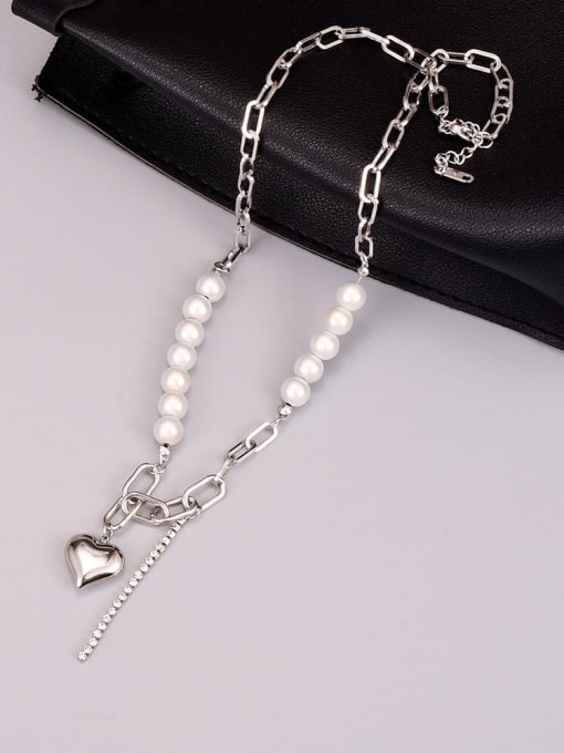 A TEEM Titanium Steel Imitation Pearl Heart Vintage Hollow Chain Necklace 1