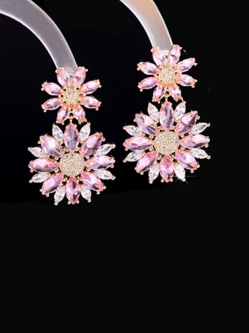 Gold +pink zirconium Brass Cubic Zirconia Flower Luxury Drop Earring