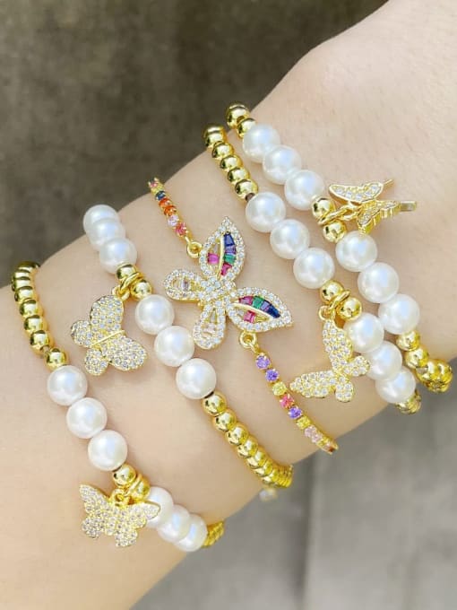 CC Brass Imitation Pearl Butterfly Vintage Beaded Bracelet