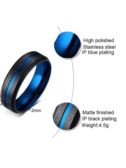 Medium blue, face width 6MM Stainless steel Geometric Hip Hop Band Ring