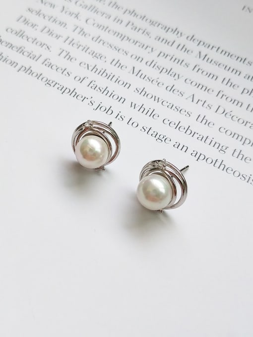 Boomer Cat 925 Sterling Silver Imitation Pearl Round Vintage Stud Earring 1