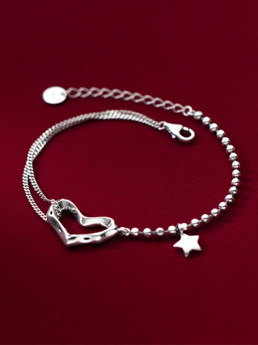 Rosh 925 Sterling Silver Heart Minimalist Asymmetry Pentagram  Smooth Bead Bracelet 1