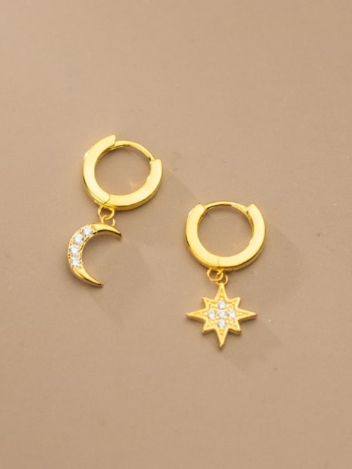 Rosh 925 Sterling Silver Cubic Zirconia Asymmetrical Star Moon Dainty Huggie Earring 0