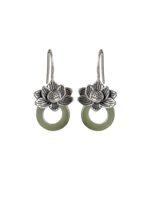 DEER 925 Sterling Silver Jade Flower Vintage Hook Earring 0