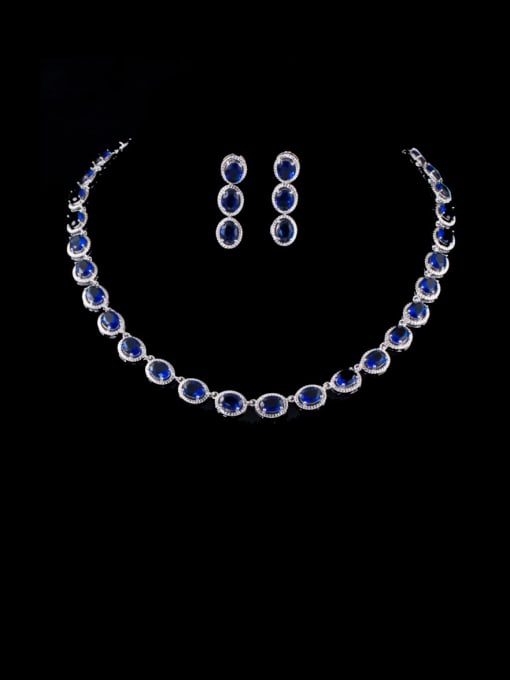 blue Brass Cubic Zirconia Luxury Geometric  Earring and Necklace Set