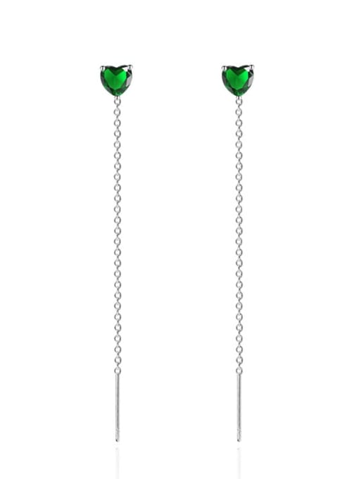 green Brass Cubic Zirconia Heart Tassel Minimalist Threader Earring