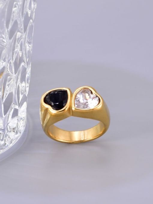 18K Golden Black + White Stone Titanium Steel Cubic Zirconia Heart Minimalist Band Ring