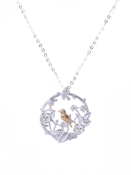 SILVER MI 925 Sterling Silver Vintage Color Separation Bird Flower Branch Necklace 0