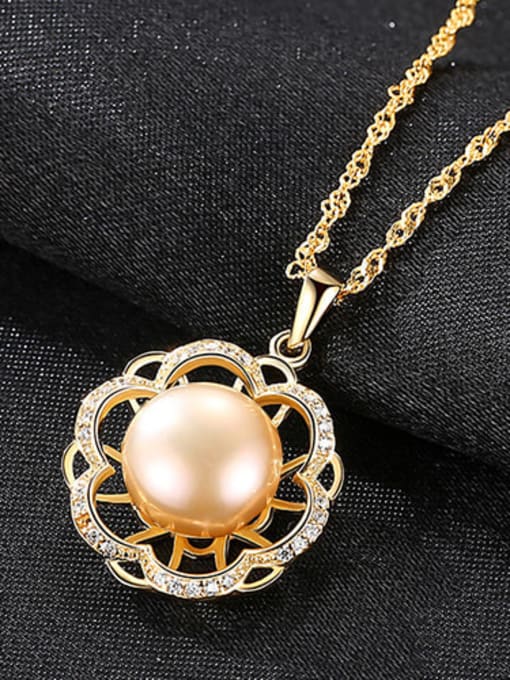 Pink 5G10 925 Sterling Silver Freshwater Pearl Hollow zircon flower pendant  Necklace