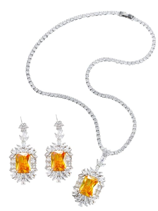 yellow Brass Cubic Zirconia Luxury Geometric Earring and Necklace Set