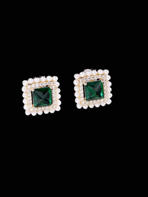 green Brass Imitation Pearl Square Minimalist Stud Earring