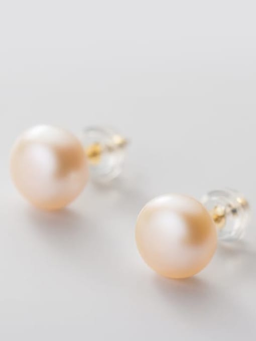 pink Orange Pearl  gold 8- 9MM 925 Sterling Silver Freshwater Pearl  Round Minimalist Stud Earring