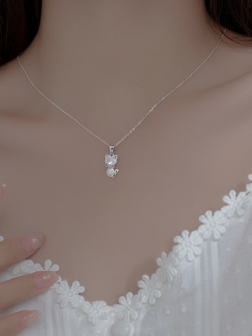 Rosh 925 Sterling Silver Cubic Zirconia Cat Minimalist Necklace 2