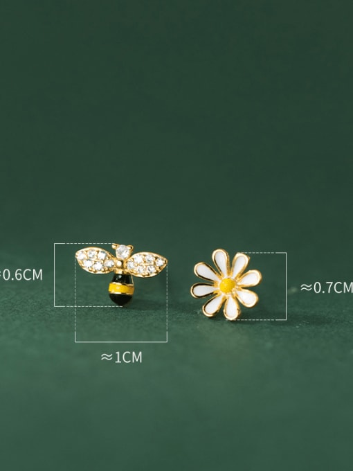Rosh 925 Sterling Silver Cubic Zirconia Bee Flower Cute  Asymmetrical Stud Earring 2