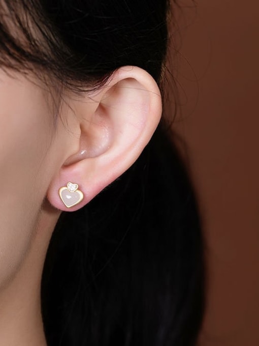 DEER 925 Sterling Silver Jade Heart Cute Stud Earring 1