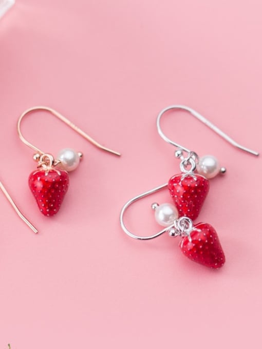 Rosh 925 Sterling Silver Imitation Pearl Friut  Strawberry Minimalist Hook Earring 0