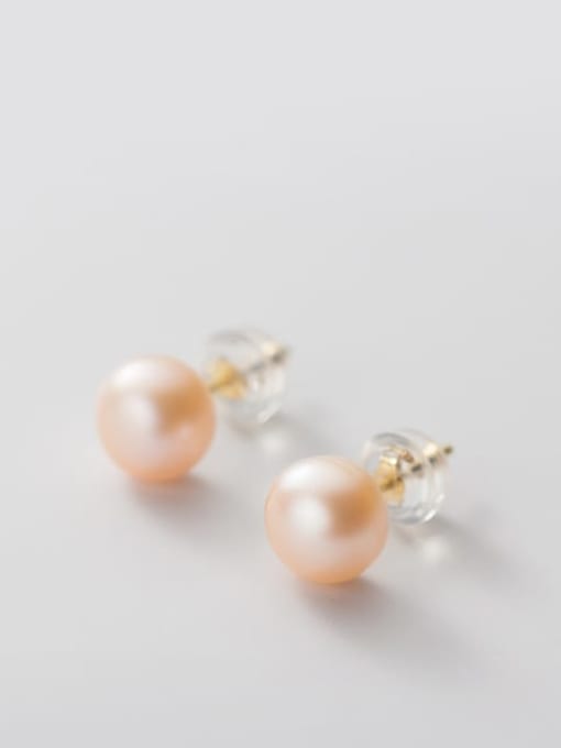 Pink Orange Pearl  Gold 6 -7MM 925 Sterling Silver Freshwater Pearl  Round Minimalist Stud Earring
