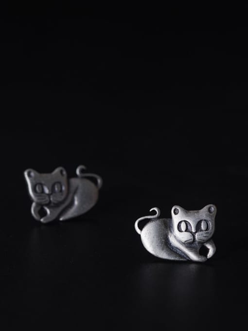 SILVER MI 925 Sterling Silver Icon Cat Vintage Stud Earring 1