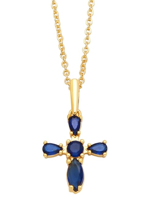 blue Brass Cubic Zirconia Cross Vintage Regligious Necklace