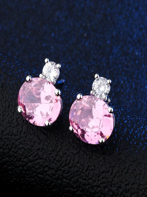 Platinum Pink Copper Glass Stone Round Dainty Stud Earring