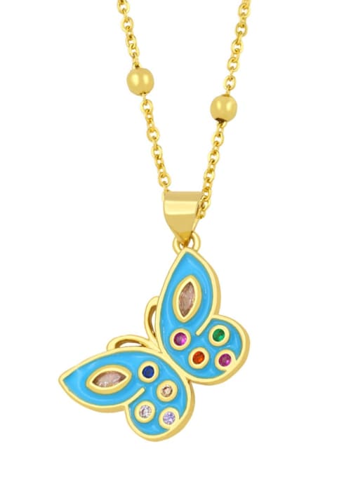 blue Brass Rhinestone Enamel Butterfly Vintage Necklace